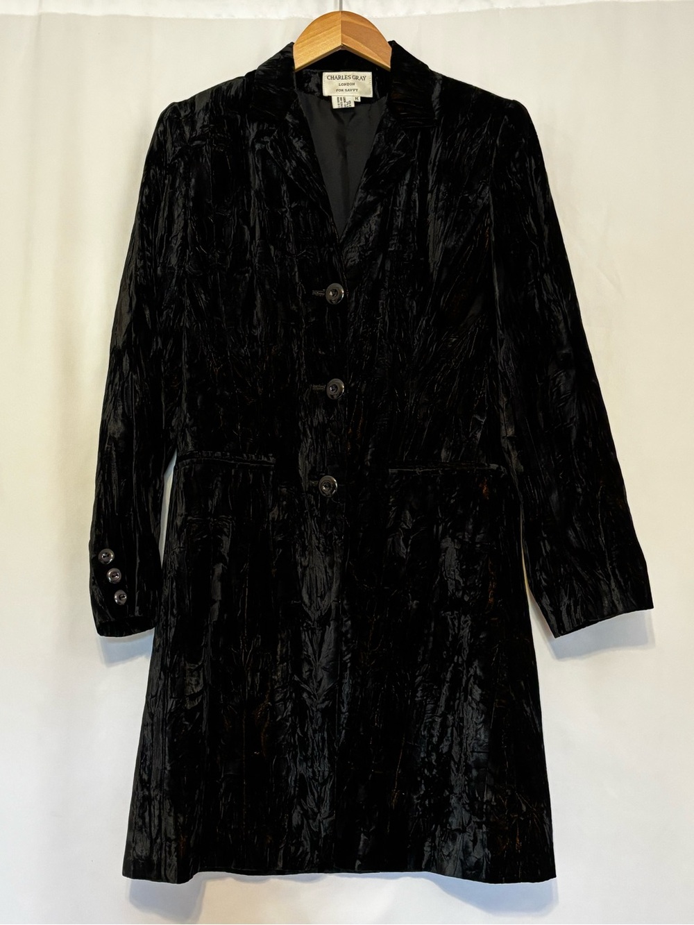 Vintage Charles Gray London Black Crushed Velvet Long Blazer Jacket Whimsygoth M